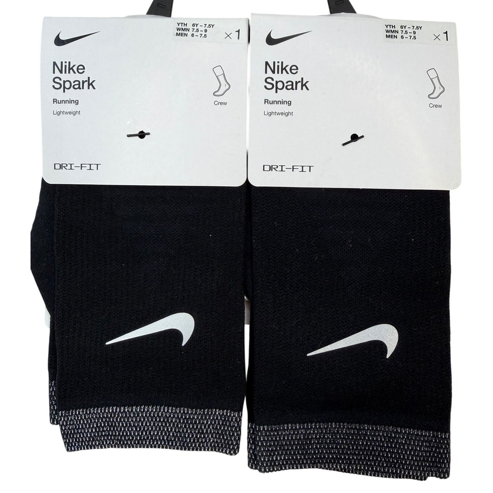 2 pair Nike Spark Lightweight Crew Socks Black Women 7.5-9 Men 6-7.5 NWT